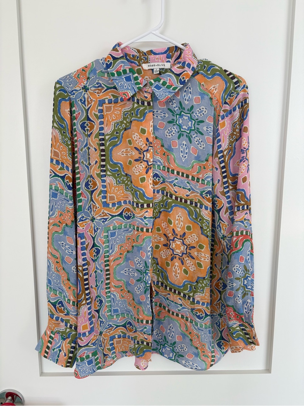 Rose & Olive Colorful Patchwork Print Button Down Blouse size Large